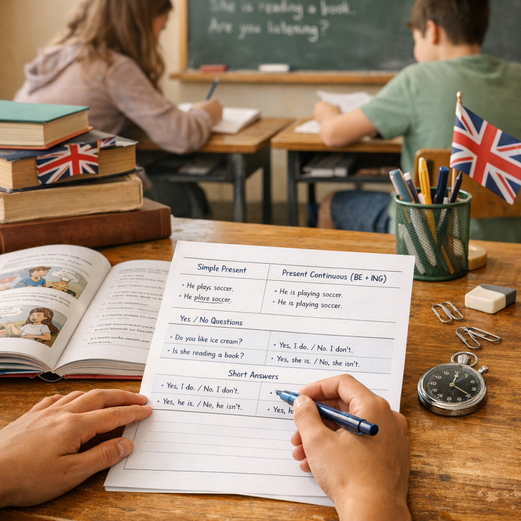 Présent simple, présent BE+ing, yes/no questions et short answers ; : la méthode express