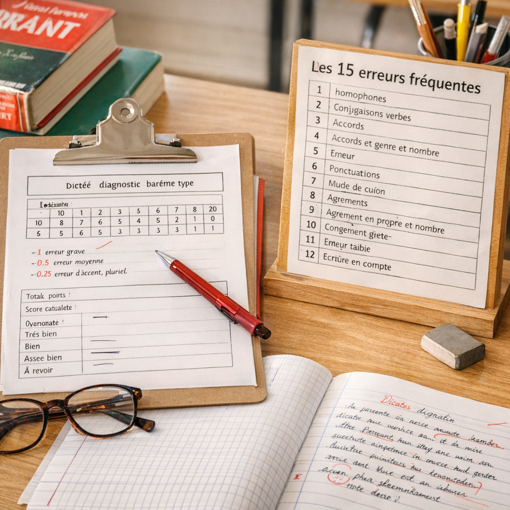Dictée diagnostic&nbsp;: barème type brevet et tableau des 15 erreurs fréquentes