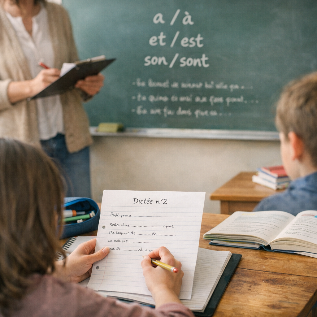 Dictée n°2&nbsp;&nbsp;: homophones grammaticaux a/à, et/est, son/sont