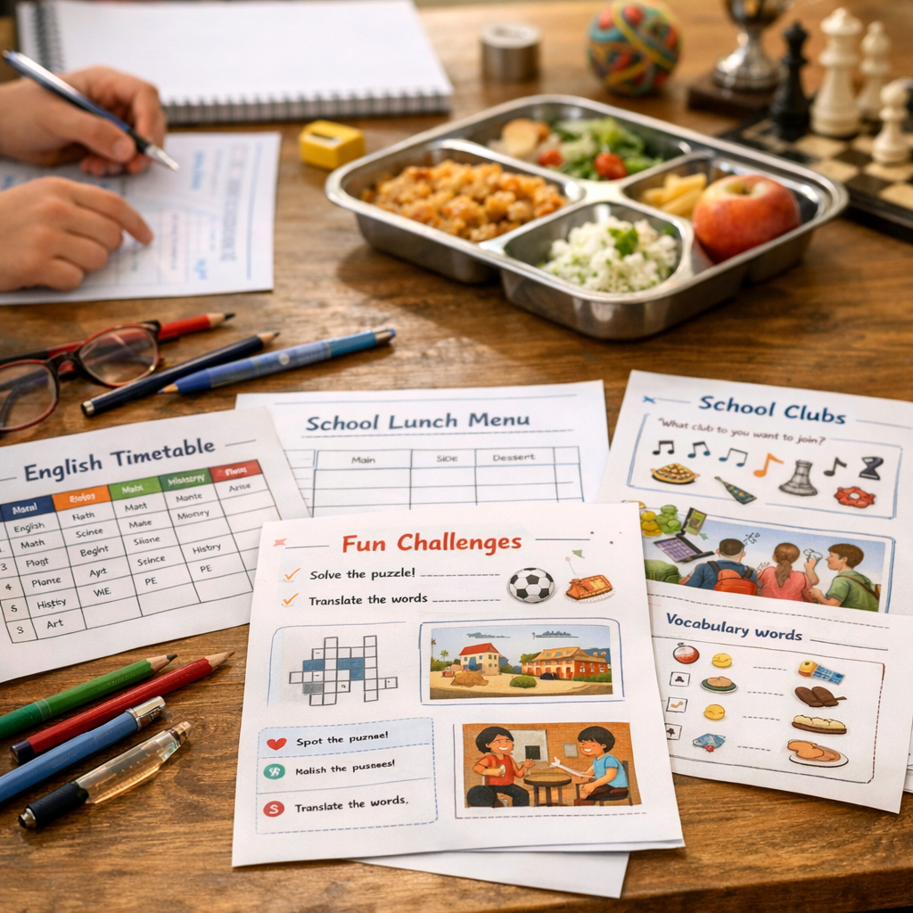 Exercices d’anglais 5ème à imprimer avec correction&nbsp;: emploi du temps, cantine, club et mini-défis ludiques