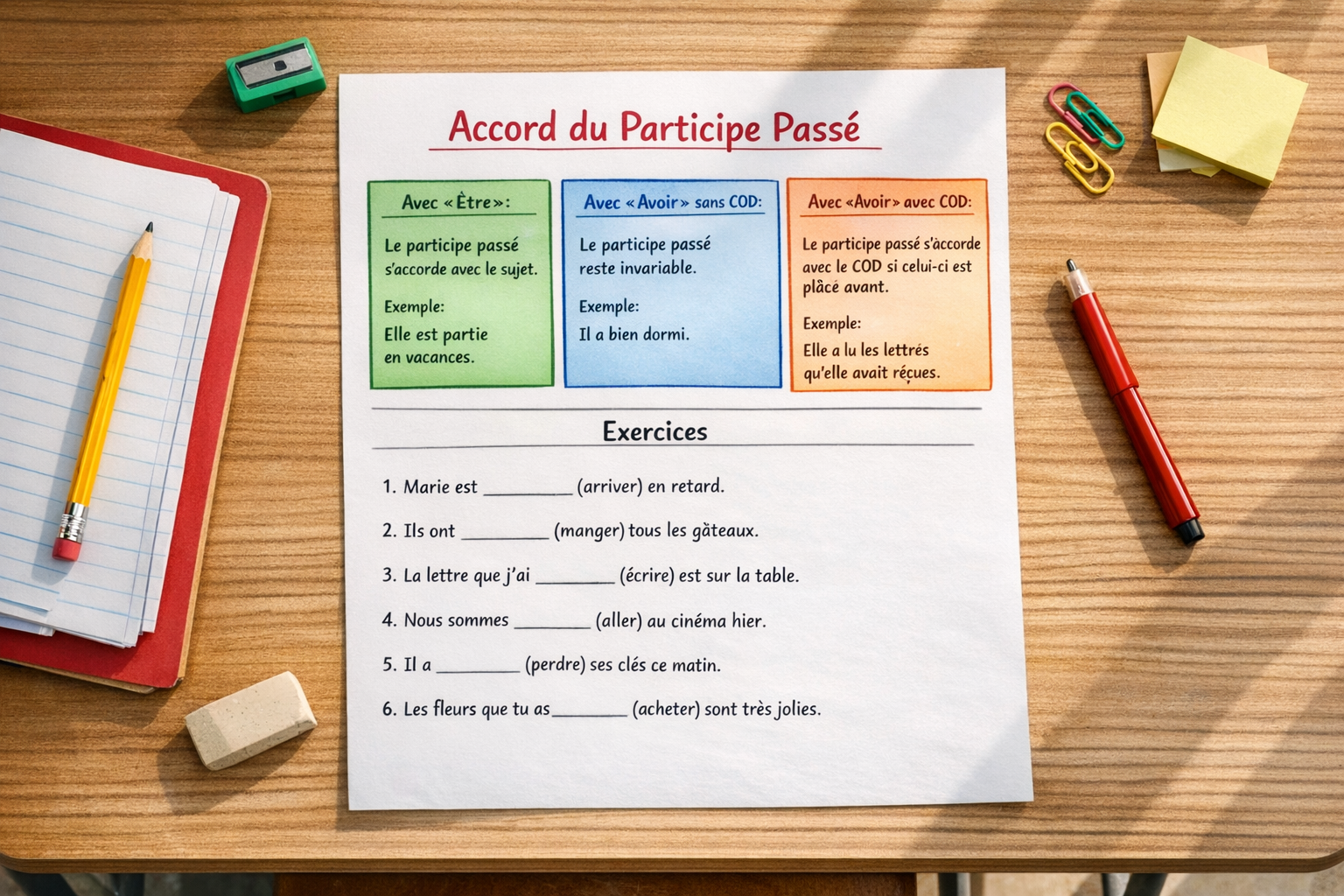 Fiche méthode : accord du participe passé (3 cas + exercices)