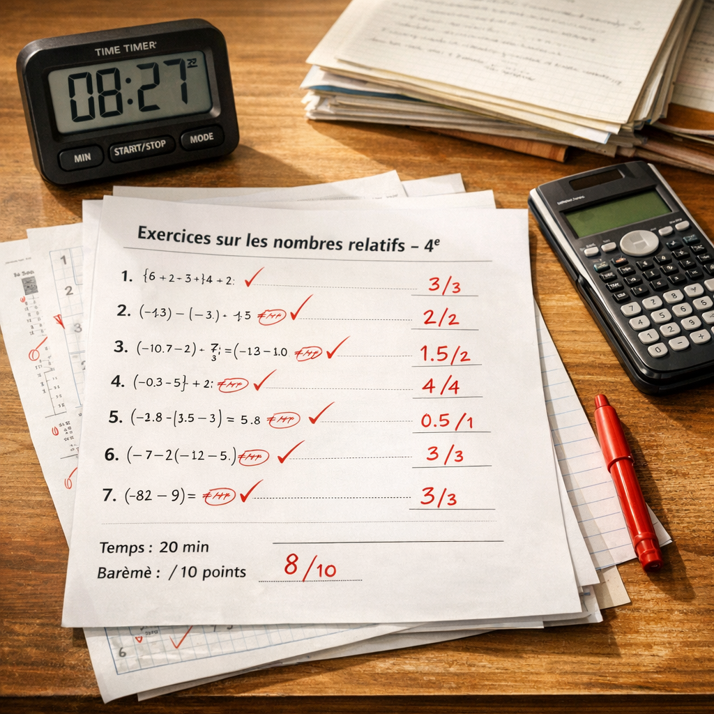 Exercices nombres relatifs 4e&nbsp;&nbsp;: 6 cas corrigés avec temps et barème