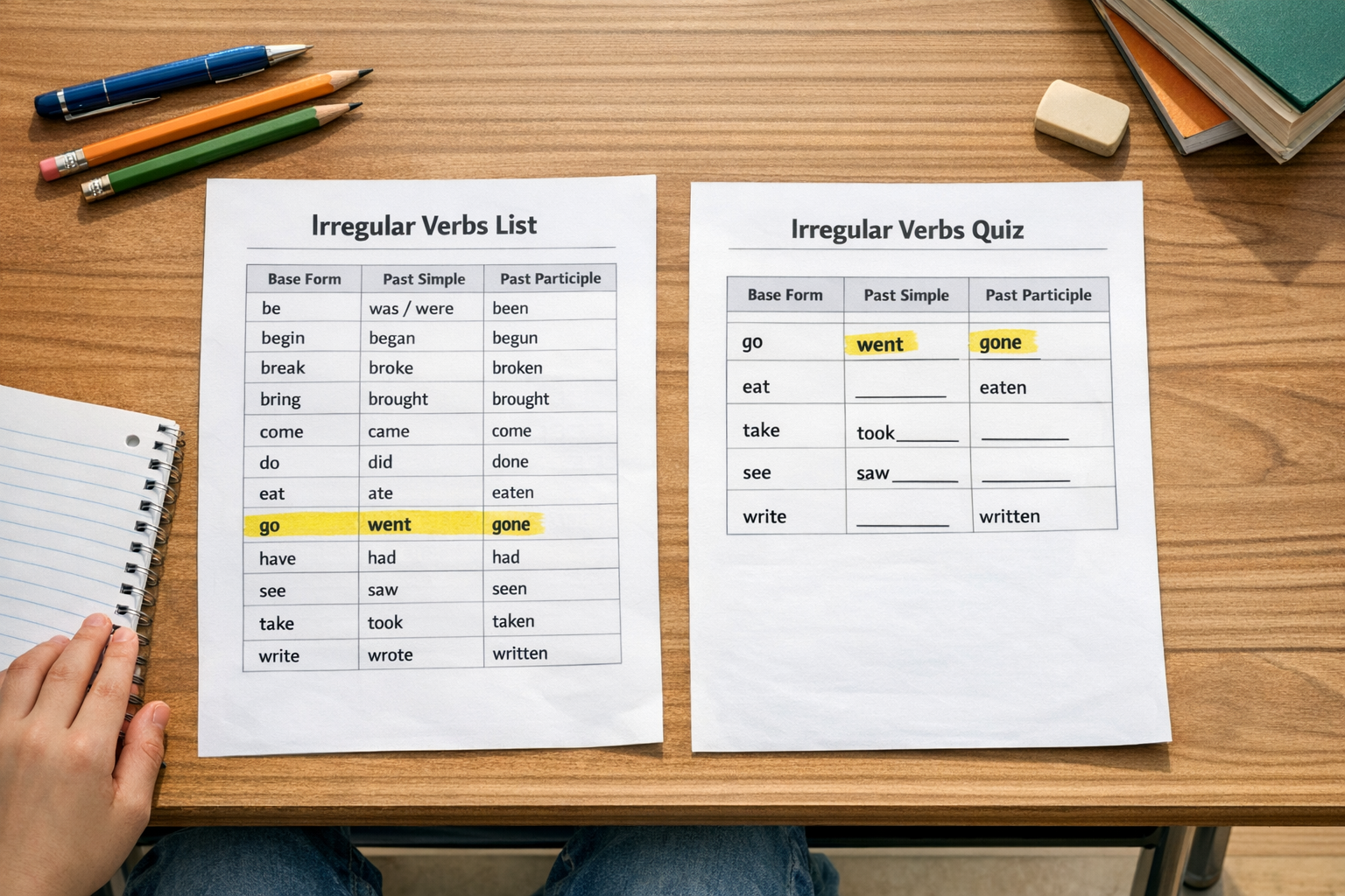 Verbes irréguliers anglais (collège) : liste 60 + tableaux quiz (PDF)
